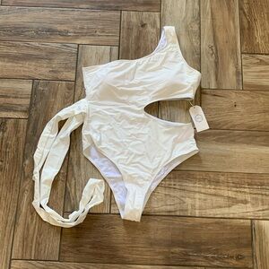 New womens large white one piece tie wrap around off shoulder cut out swimsuit